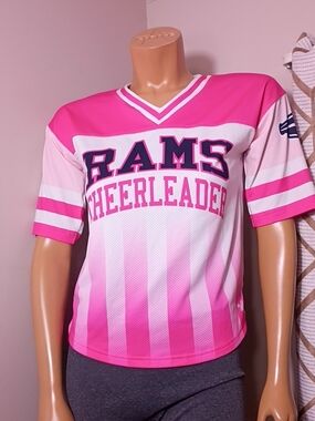 Varsity Pink and White RAMS Cheerleader Jersey Customized